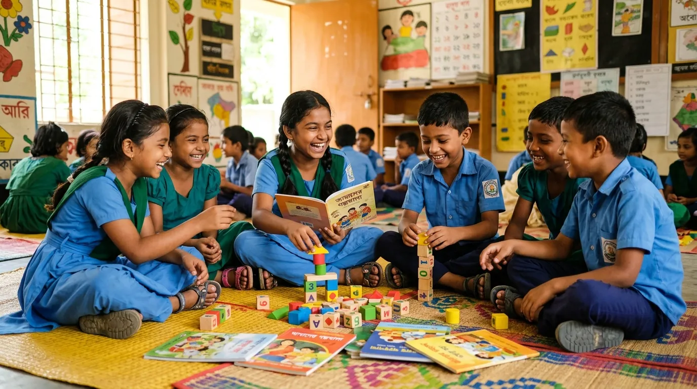 Happy Bangladeshi children engaged in hands-on group learning